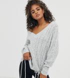 Asos Design Tall V Neck Cable Sweater With Tie Detail In Recycled Blend-gray