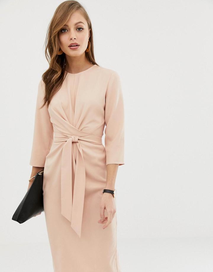 Asos Design Tie Wrap Around Midi Dress In Nude-pink