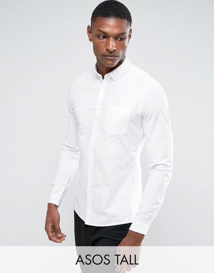 Asos Tall Stretch Slim Oxford Shirt In White - White