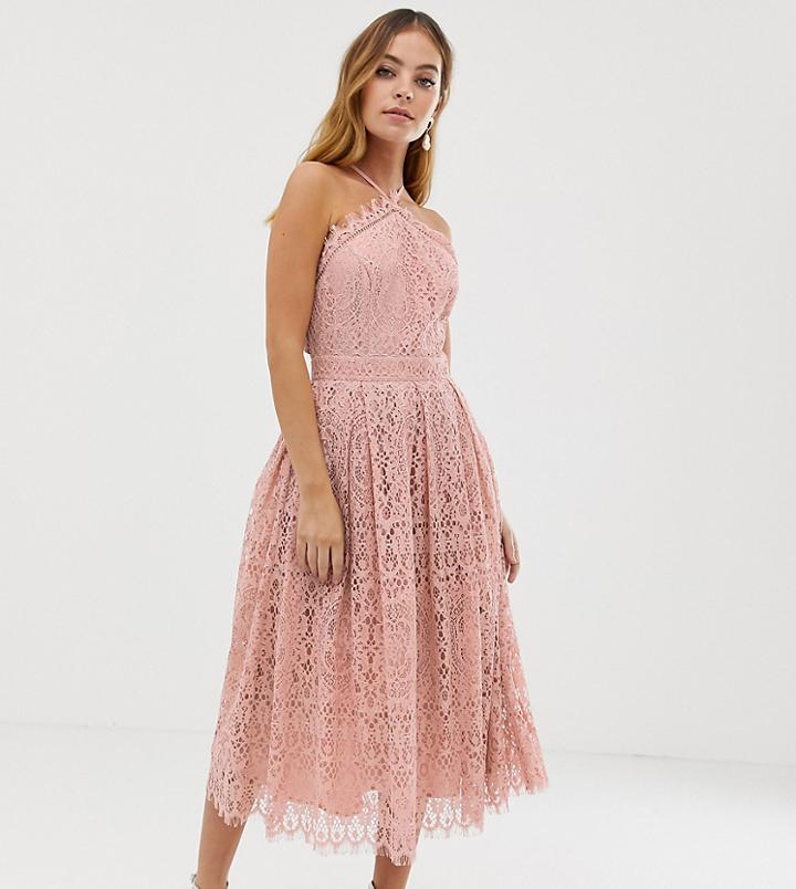 Asos Design Petite Lace Midi Dress With Pinny Bodice - Pink