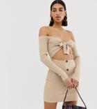 Missguided Ribbed Mini Dress With Tie Front And Button Detail In Beige - Beige