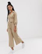 Asos Design Frill Waist Button Front Linen Jumpsuit-beige