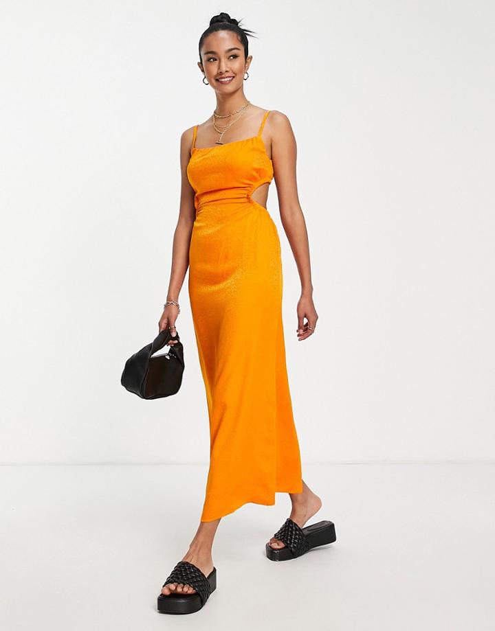& Other Stories Midi Cami Dress With Cut Out Sides In Bright Orange Jacquard