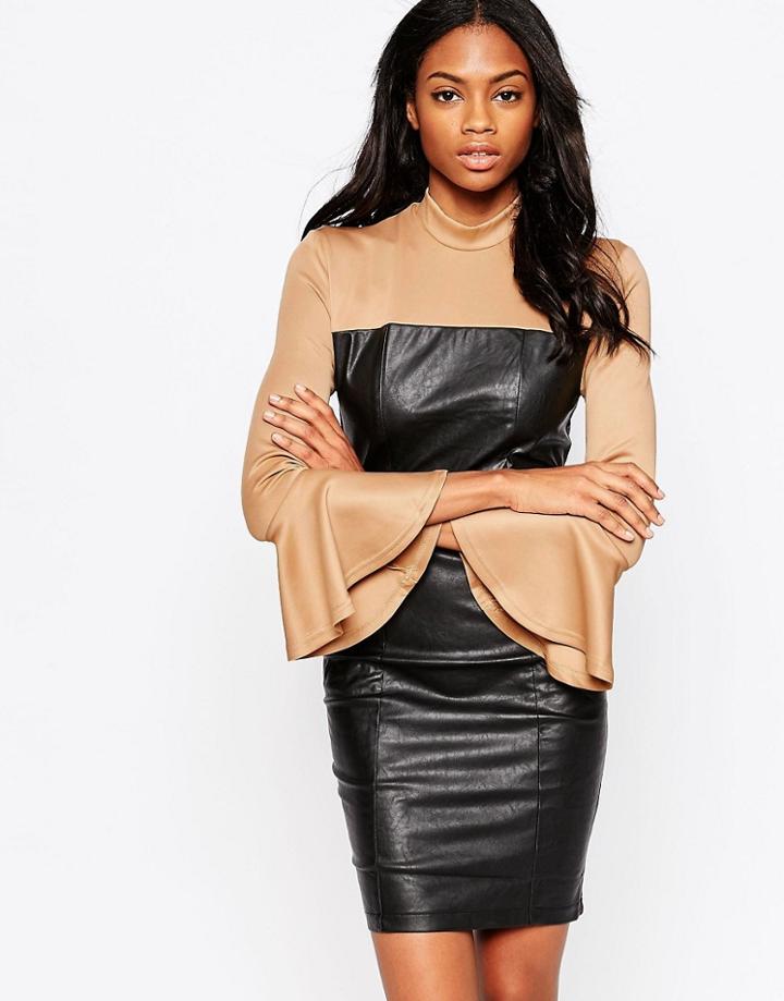 Ax Paris Pu Contrast Dress With Fluted Sleeves - Black