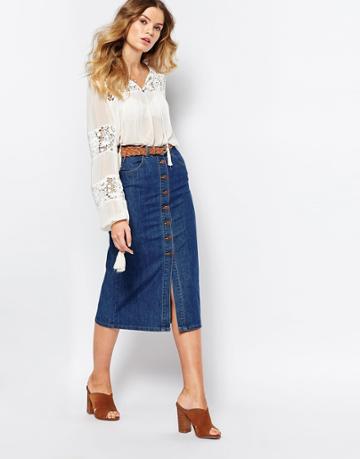 First & I Denim Midi Skirt - Blue