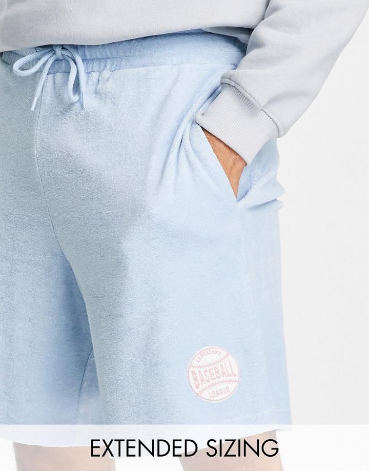 Asos Design Relaxed Short In Blue Terrycloth With Text Embroidery