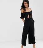 Asos Design Tall Tea Jumpsuit With Puff Sleeve And Tie Detail-black