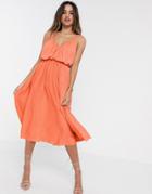 Asos Design Cami Plunge Midi Dress With Blouson Top In Coral-orange