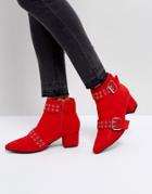 Truffle Collection Point Toe Double Buckle Kitten Heel Boot - Red