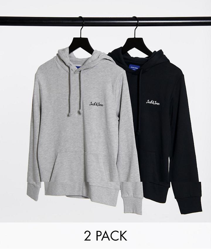 Jack & Jones Originals 2 Pack Hoodies With Script Logo In Black & Gray
