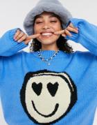 Asos Design Sweater With Face Pattern In Blue-blues