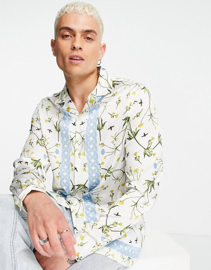 Asos Design Satin Shirt With Floral Border Print In White