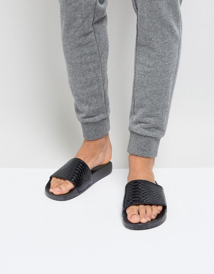 Brave Soul Croc Print Slider Flip Flops In Black - Black
