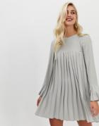 Asos Design Pleated Trapeze Mini Dress With Long Sleeves - Gray
