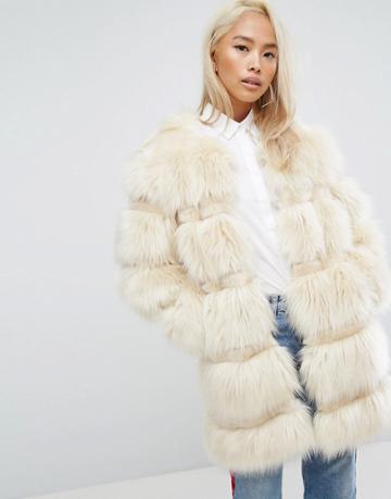 Jakke Longline Faux Fur Paneled Coat - Beige