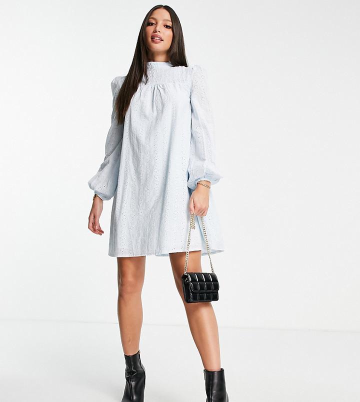 Missguided Tall Eyelet Smock Dress In Blue-blues