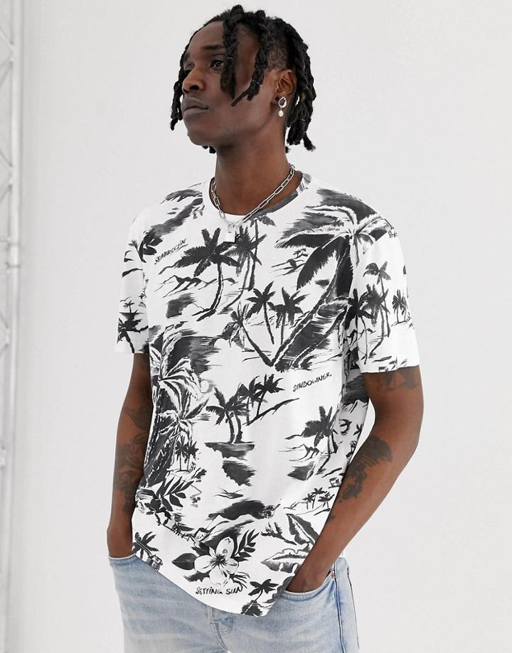 Allsaints T-shirt With Monochrome Tropical Print - White