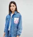 Chorus Tall Metallic Foil Pocket Oversized Denim Jacket - Blue