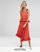 Asos Tall Cotton Midi Dress With Ruffle Detail & Grosgrain Straps - Red