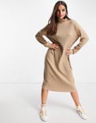 Asos Design Super Soft Rib Midi Sweater Dress With Polo Neck In Camel-neutral