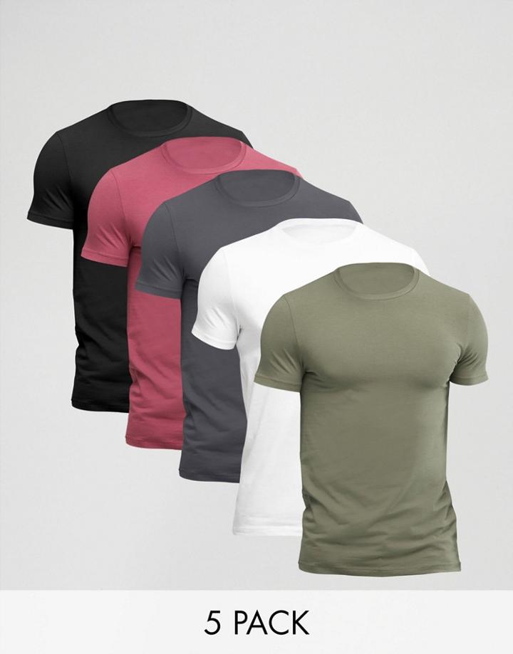 Asos 5 Pack Muscle T-shirt With Crew Neck Save - Multi