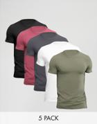 Asos 5 Pack Muscle T-shirt With Crew Neck Save - Multi
