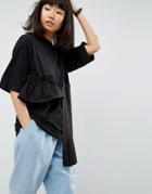 Asos White Oversized T-shirt With Laid On Ruffle And Pleat Hem - Black