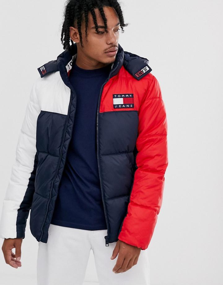 Tommy Jeans Essential Puffer Jacket In Red/white/navy With Large Flag Logo-multi
