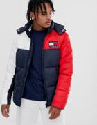 Tommy Jeans Essential Puffer Jacket In Red/white/navy With Large Flag Logo-multi