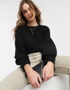 Asos Design Fluffy Crew Neck Sweater With Volume Sleeve-black