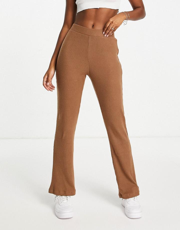 Noisy May Ribbed Flared Pants In Caramel-brown