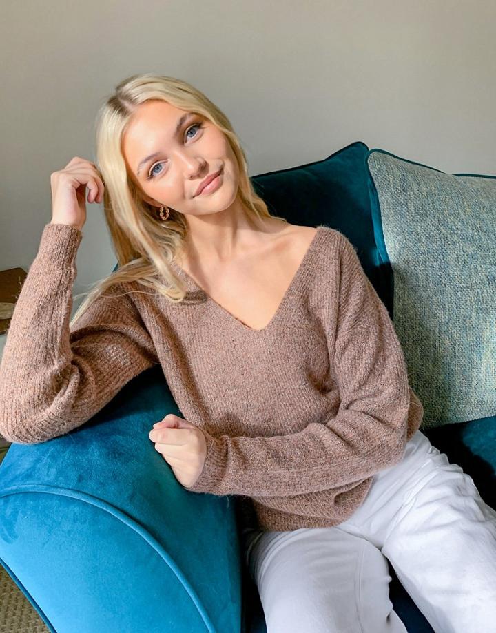 Pieces Oversized Sweater With V Neck In Camel-neutral