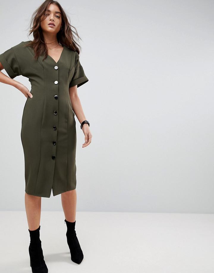 Asos Seamed Midi Dress With Button Through - Green