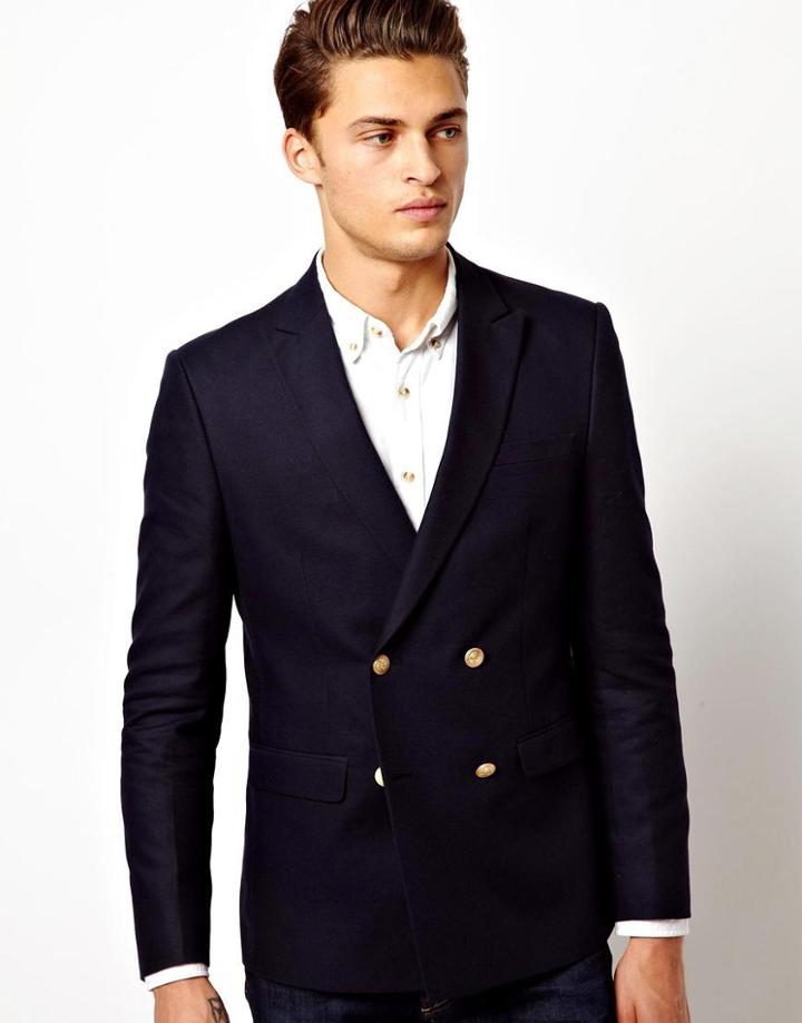 Asos Slim Fit Double Breasted Blazer With Gold Buttons
