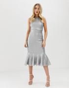 Club L All Over Sequin Peplum Midi Dress - Silver
