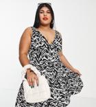 Asos Design Curve Tiered Sundress With Button Waist Detail In Black And Cream Abstract Print-multi
