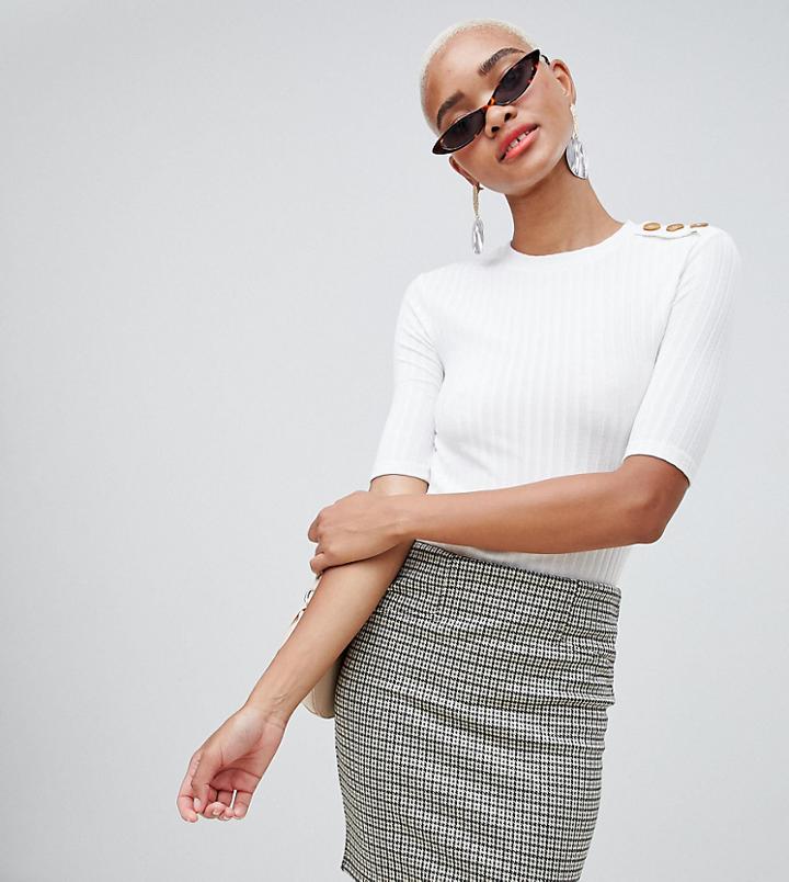 Stradivarius Ribbed Button Detail 3/4 Sleeve Top