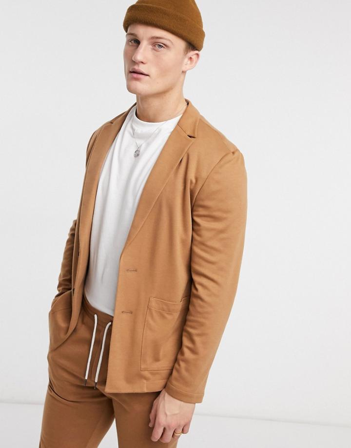 Asos Design Skinny Soft Tailored Suit Jacket In Jersey In Tan-brown
