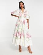 Asos Edition Button Front Bright Floral Embroidered Midi Dress-white