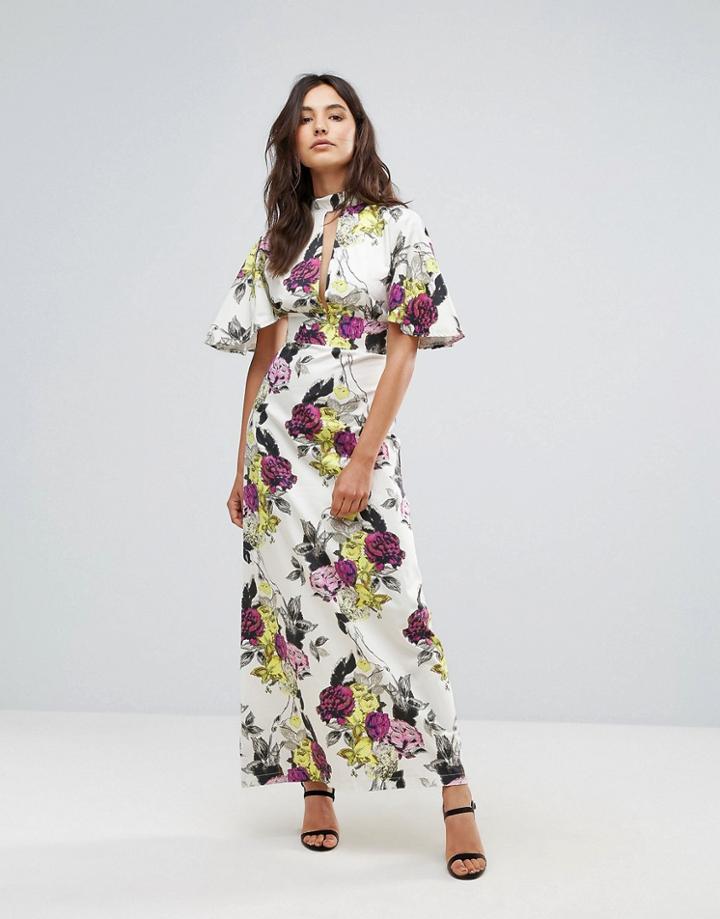 Liquorish Flower Print Frill Sleeve Maxi Dress - Multi