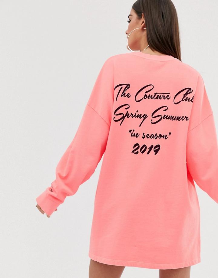 The Couture Club Oversized Long Sleeve Motif Tshirt Dress In Acid Neon Pink