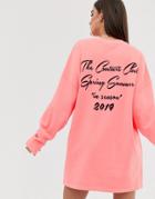 The Couture Club Oversized Long Sleeve Motif Tshirt Dress In Acid Neon Pink