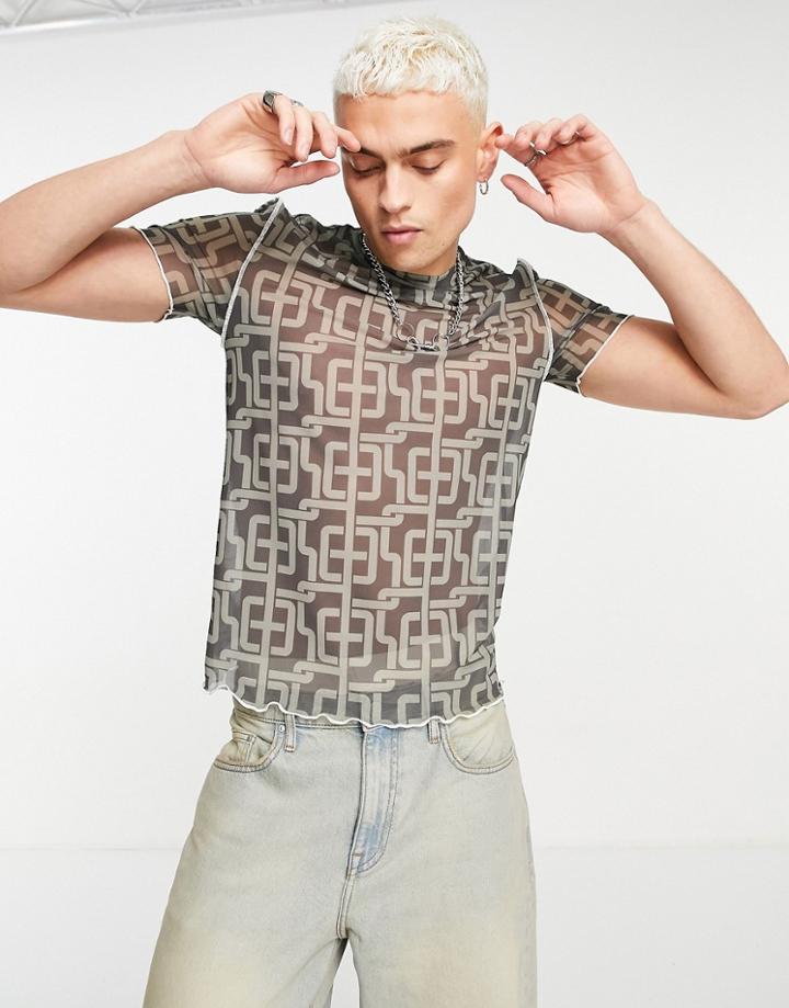 Asos Design T-shirt In Printed Mesh In Brown