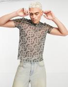 Asos Design T-shirt In Printed Mesh In Brown