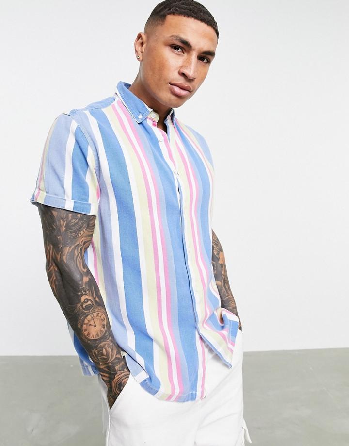 Asos Design Relaxed Twill Retro Vintage Style Stripe Shirt In Pastel-pink