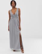 Little Mistress Pleated Maxi Dress With Lace Detail - Gray