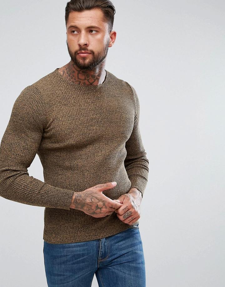 Asos Longline Muscle Fit Ribbed Sweater In Camel Twist - Tan