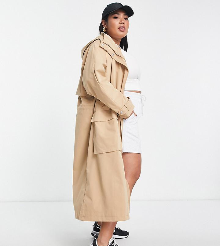 Only Curve Hooded Trench Jacket In Camel-brown