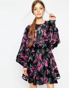Asos Floral Jacquard Blouson Sleeve Mini Skater Dress - Multi