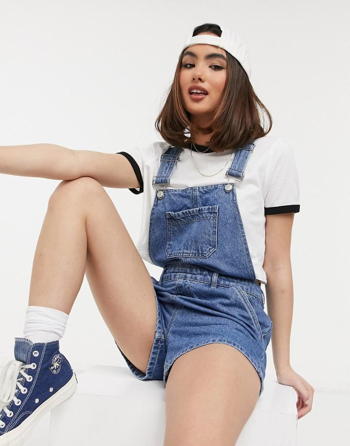 Urban Bliss Overall Short In Mid Wash-blues